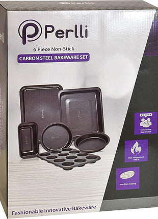Perlli Baking Set 6 Nonstick Carbon Steel Oven Safe Gray PTFE PFOA Free Bakeware - Cookie Sheet, 2 Rounds, 12 Cup Muffin Pan, Roaster & Loaf Pan
