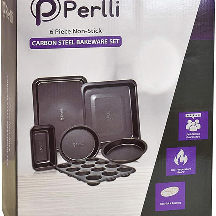 Perlli Baking Set 6 Nonstick Carbon Steel Oven Safe Gray PTFE PFOA Free Bakeware - Cookie Sheet, 2 Rounds, 12 Cup Muffin Pan, Roaster & Loaf Pan