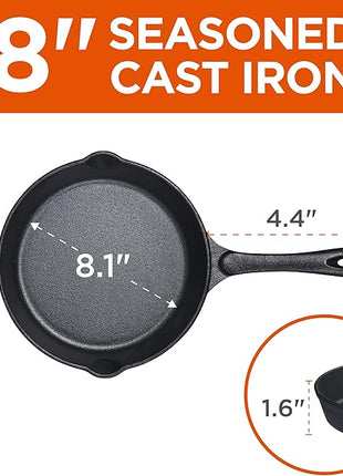 Commercial CHEF 3-Piece Cast Iron Skillet Set – 6 inch, 8 inch, and 10 inch - Pre-seasoned Cast Iron Cookware, Black