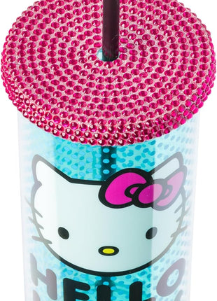 Silver Buffalo Sanrio Hello Kitty Blue Polka Dot Plastic Cold Cup with Rhinestones Lid and Straw, 20 Ounces