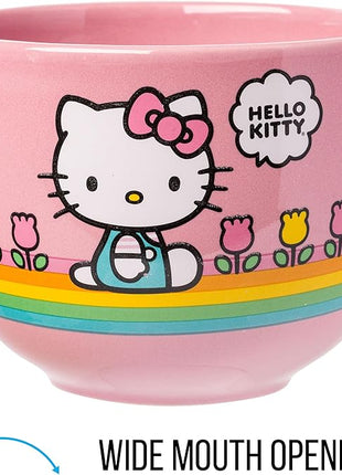 Silver Buffalo Hello Kitty Spring and Summer Flowers Rainbow Stripes Ceramic Ramen Noodle Rice Bowl with Chopsticks, Microwave Safe, 20 Ounces