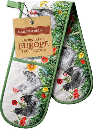 Maison d' Hermine Double Oven Mitts 100% Cotton 7"x35" Double Oven Mitt Heat Resistant BBQ Cooking Gloves with Loop, Baking, Grilling, Home, Kitchen, Handling Hot Pans Spring Summer (Basse Cour)