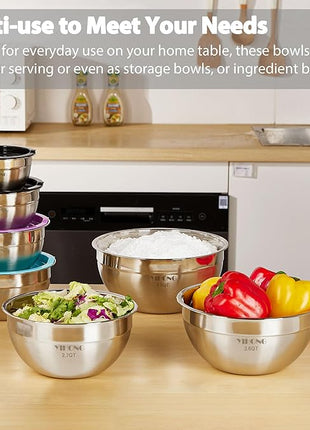 YIHONG 7 Piece Metal Mixing Bowls with Lids for Kitchen, Stainless Steel Set Ideal for Baking, Prepping, Cooking and Serving Food, Nesting Design for Space Saving Storage