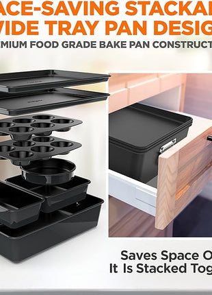 NutriChef 8-Piece Stackable Nonstick Bakeware Set - Premium Steel Baking Pans Set - Includes Round Cake Pan, 6-Cup Muffin Pans, Wide/Square Brownie & Loaf Pans, Cookie Sheet, & Roaster Pan (Black)