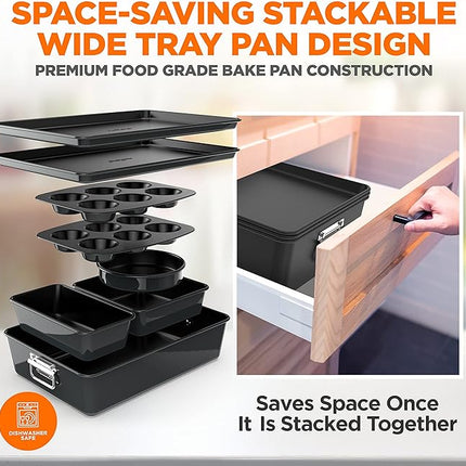 NutriChef 8-Piece Stackable Nonstick Bakeware Set - Premium Steel Baking Pans Set - Includes Round Cake Pan, 6-Cup Muffin Pans, Wide/Square Brownie & Loaf Pans, Cookie Sheet, & Roaster Pan (Black)