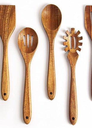Acacia Wooden Spoons for Cooking: 5-Piece Kitchen & Cooking Utensils Set - Wooden Spatula, Slotted & Pasta Spoon - Essential Wooden Utensil Set