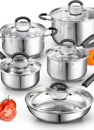 Cook N Home Stainless Steel Cookware Sets 10-Piece, Pots and Pans Kitchen Cooking Set with Stay-Cool Handles, Dishwasher Safe, Silver