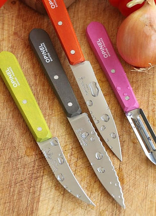 Opinel Les Essentials Small Kitchen 4 Piece Knife Set - Paring Knife, Serrated Knife, Peeler, Vegetable Knife, Corrosion Resistant High Carbon Steel, Made in France (50s)
