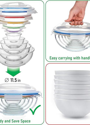 Set of 5 Stackable Space-Saving Nesting Glass Bowls with BPA Free Lids for Foodprep, Storage, Baking, Mixing & Cooking, Microwave Safe - Durable Inert Borosilicate Glass