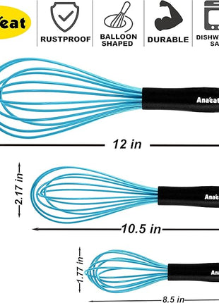 Anaeat Silicone Balloon Whisk, Perfect for Non-Stick Cookware, Milk and Egg Beater Blender, Heat Resistant Kitchen Whisks for Whisking, Cooking, Baking, Beating, Frothing & Stirring (Blue)
