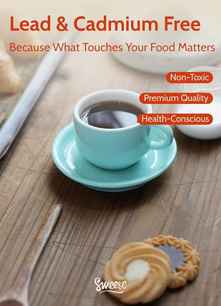 Sweese 2.5 Ounce Porcelain Stackable Espresso Cups with Saucers and Metal Stand Set of 4, Turquoise