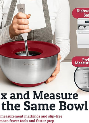 Priority Chef Stainless Steel Mixing Bowls with Lids Set, Metal Nesting Bowls with Airtight Lids, Graters, Non-Slip Base & Measurement Marks, Includes Utensil Set for Prep, Baking & Storage, Red