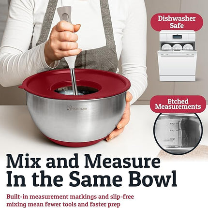 Priority Chef Stainless Steel Mixing Bowls with Lids Set, Metal Nesting Bowls with Airtight Lids, Graters, Non-Slip Base & Measurement Marks, Includes Utensil Set for Prep, Baking & Storage, Red