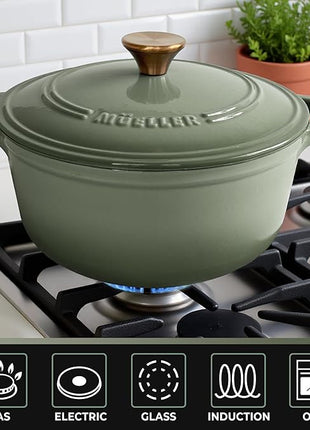 MUELLER HOME 6 Quart Enameled Cast Iron Dutch Oven For Sourdough Bread Baking, Heavy-Duty, Oven-Safe up to 500° F & Across All Cooktops, Casserole Dishes, Green Kitchen Accessories, Thyme Green