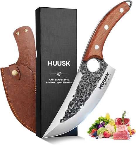Huusk Chef Knives, Upgraded Viking Knife with Sheath Hand Forged Butcher Knife for Meat Cutting, Sharp Meat Cleaver for Kitchen and Outdoor, Thanksgiving Christmas Gifts