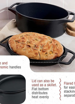 Victoria 6-Quart Cast Iron Oval Dutch Oven, Combination Combo Cooker Pot and Skillet, Bread Baker, Made in Colombia, 2-Piece Set