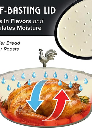 MUELLER HOME 5.5 Quart Enameled Cast Iron Oval Dutch Oven with Rooster Knob & Cotton Potholders, Heavy-Duty Cookware, Oven-Safe up to 500° F & Across All Cooktops, Gifts for Grandma & Women, Gray