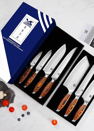 MSY BIGSUNNY 7-PCS Kitchen Knife Set, German Stainless Steel for Chef Knife Set with Pakkawood Handle, Perfect Cutlery Set Gift