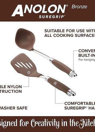 Anolon SureGrip Dishwasher Safe Nonstick Locking Cooking Tongs Set/Salad Serving Tools, 9 Inch and 12 Inch, Bronze Brown