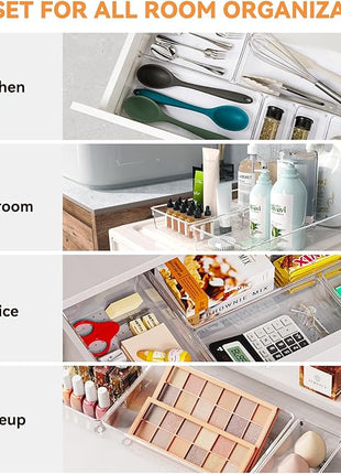 6 Pack Large Clear Plastic Drawer Organizer Trays, Acrylic Kitchen Drawer Organization and Storage Dividers, Non-Slip Storage Bins for Makeup, Kitchen Utensils, Bathroom, Jewelries and Office Desk