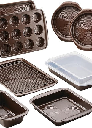 Circulon Nonstick Bakeware Set with Nonstick Bread Pan, Baking Pans, Baking Sheets, Cookie Sheets, Cake Pan and Muffin Pan / Cupcake Pan - 10 Piece, Chocolate Brown