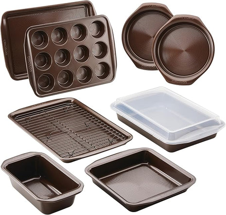 Circulon Nonstick Bakeware Set with Nonstick Bread Pan, Baking Pans, Baking Sheets, Cookie Sheets, Cake Pan and Muffin Pan / Cupcake Pan - 10 Piece, Chocolate Brown