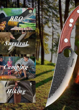 Huusk Viking Knives Hand Forged Boning & Chef Knife - Full Tang Japanese Blade with Sheath - Butcher Meat Cleaver - Camping & Kitchen Christmas Gifts for Men and Women