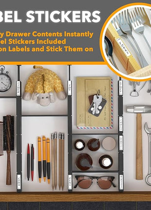 SpaceAid Bamboo Drawer Dividers with Inserts and Labels, Kitchen Adjustable Drawer Organizers, Expandable Organization for Home, Office, Dressers, 4 Dividers with 9 Inserts (17"-22" Black)