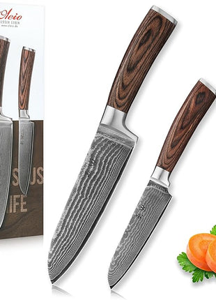 Wakoli EDIB 2-Piece Damascus Kitchen Knife Set – Santoku & Small Santoku with VG10 Core made of 67-Layer Damascus Steel Blades – Professional Chef Knives with Ergonomic Pakkawood Handles in Gift Box