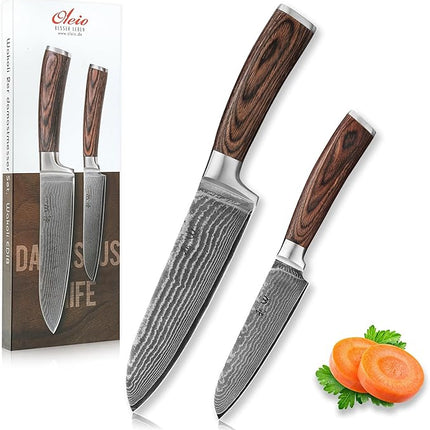 Wakoli EDIB 2-Piece Damascus Kitchen Knife Set – Santoku & Small Santoku with VG10 Core made of 67-Layer Damascus Steel Blades – Professional Chef Knives with Ergonomic Pakkawood Handles in Gift Box