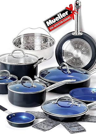 Mueller UltraClad Sapphire Pots and Pans Set Nonstick, 14 Piece Induction Cookware Sets, Aluminum Body, Includes Non Stick Deep Frying Pan, Sauce Pans for Cooking, Dutch Oven and More