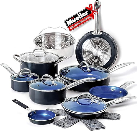 Mueller UltraClad Sapphire Pots and Pans Set Nonstick, 14 Piece Induction Cookware Sets, Aluminum Body, Includes Non Stick Deep Frying Pan, Sauce Pans for Cooking, Dutch Oven and More