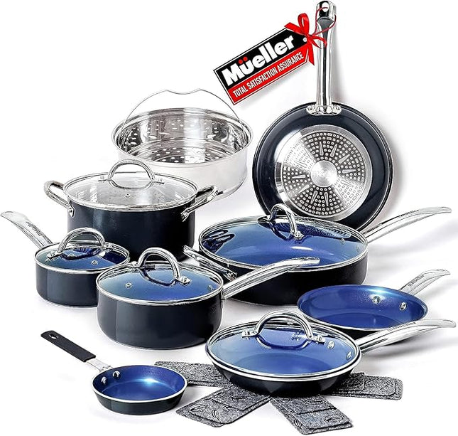 Mueller UltraClad Sapphire Pots and Pans Set Nonstick, 14 Piece Induction Cookware Sets, Aluminum Body, Includes Non Stick Deep Frying Pan, Sauce Pans for Cooking, Dutch Oven and More