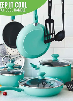 GreenLife Soft Grip Diamond Healthy Ceramic Nonstick 13 Piece Cookware Pots and Pans Set, PFAS-Free, Dishwasher Safe, Turquoise, Diamond Cookware