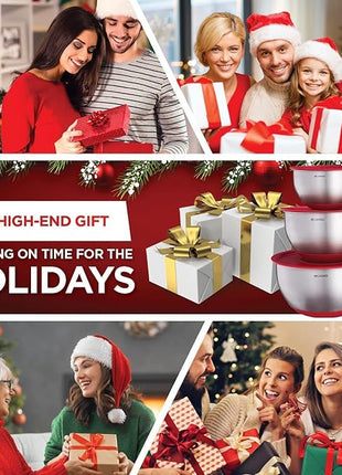 Belwares Mixing Bowls with Lids Set - 3-Piece Stainless Steel Nesting Bowls with Graters, Handles, and Airtight Lids - Non-Slip Mixing Bowls for Cooking, Baking, Prepping, and Food Storage (Red)