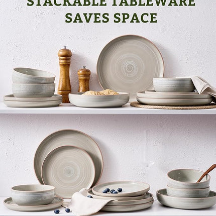 Famiware Meteor Stoneware Dinnerware Sets with Pasta Bowls, Service for 4 (16 Pieces), Plates and Bowls Sets, Microwave and Dishwasher Safe Dishes Set, Matcha Green
