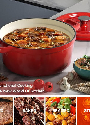 Miereirl 6.5 Quart Enameled Dutch Oven Pot with Lid, Cast Iron Dutch Oven with Dual Handles for Bread Baking, Cooking, Non-stick Enamel Coated Cookware (Red)