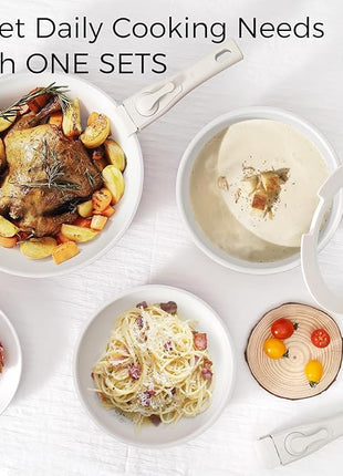 15Pcs Pots and Pans Set Non Stick, Cookware Sets with Detachable Handle, Nonstick RV Kitchen Cooking Tools Removable Handles, Oven Safe, Induction Fast, Stackable Induction Cookware, Tangerine