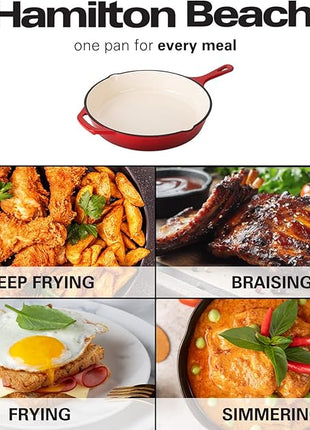 Hamilton Beach Enameled Cast Iron Fry Pan 12-Inch Red, Cream Enamel Coating, Skillet Pan for Stove Top and Oven