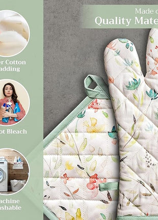 Maison d' Hermine 100% Cotton Oven Mitt & Pot Holder Set (7.5"x13" & 8"x8") Heat Resistant BBQ Cooking Gloves with Loop, Baking, Grilling, Kitchen, Handling Hot Pans Spring/Summer (Colmar)