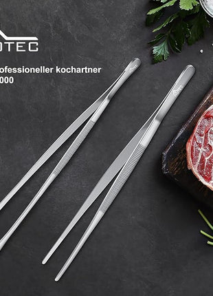 HOTEC Kitchen Tweezers Tongs Stainless Steel Professional Chef Tweezers, Set of 2-12inch Extra-Long Food Tongs for Cooking,Grill and Baking