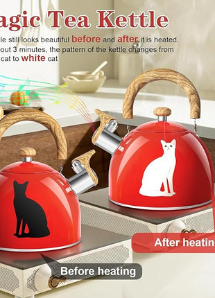 ARC Stainless Steel Red Whistling Tea Kettle, Magic Color Changing Design 2-Quart Stovetop Kettle Whistle Teapot with Folding Cup & Trivet Mat