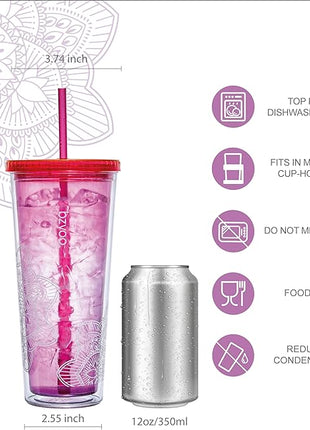 bzyoo SIP 24oz (710ml) Double Wall Plastic Tumbler with Lid and Straw Cold Drink Travel Mug Reusable Party Cup Perfect for Office Ice Coffee or Tea and Gift Color: Pink & Purple