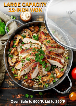 Cooks Standard Multi-Ply Clad Stainless Steel Wok Stir Fry Pan with Glass Lid, 12-inch large Stainless Steel Deep Frying Pan, Everyday Chef's Pan Flat Bottom Wok Induction Cookware