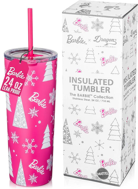 Dragon Glassware x Barbie Vacuum Insulated Stainless Steel Tumbler with Lid and Straw - Festive Holiday Travel Coffee Tumbler Cup to Keep Drinks Hot or Cold, Fits Cup Holders - Christmas Theme