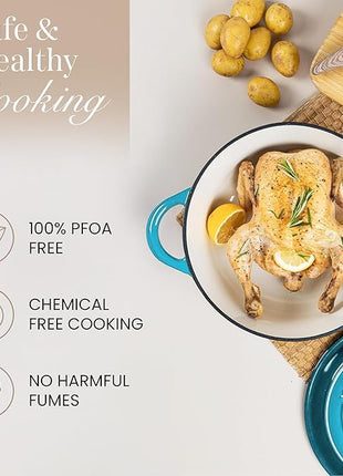 Nuovva Enamelled Cast Iron Dutch Oven Pot with Lid 6.4 Quart Non Stick Casserole Pot – Heavy Duty & Oven Safe up to 500° F for Bread Baking, Braising, Stews, Roasting – 28cm Light Blue