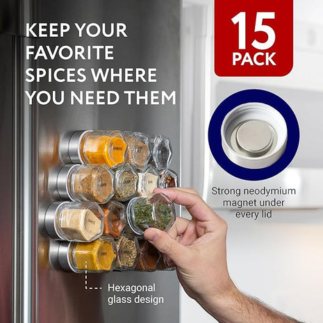 IMPRESA Hexagon Magnetic Spice Jars - Pack of 15-1.74 Oz Strong Magnetic Seasoning Containers - Space-Saving Honeycomb Spice Jars - Airtight Glass Storage Containers with Steel Lids