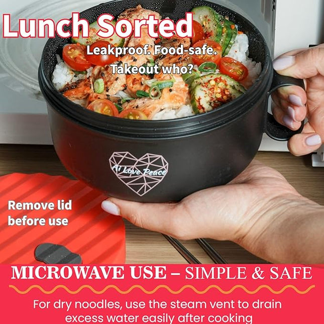 AI LOVE PEACE Ramen Bowl, 40 oz Microwaveable Noodle Cooker for Ramen, Pho, Soup, and Pasta, Dishwasher Safe and Portable, Ideal for Home, Office, Dorm, or Gift (Red)
