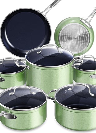 Nuwave Healthy Duralon Blue Ceramic Nonstick Cookware Set, Diamond Infused Scratch-Resistant, PFAS Free, Dishwasher & Oven Safe, Induction Ready & Evenly Heats, Tempered Glass Lids & Stay-Cool Handles