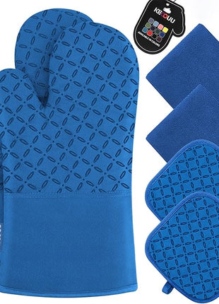 KEGOUU Oven Mitts and Pot Holders 6pcs Set, Kitchen Oven Glove High Heat Resistant 500 Degree Extra Long Oven Mitts and Potholder with Non-Slip Silicone Surface for Cooking (Royal Blue)